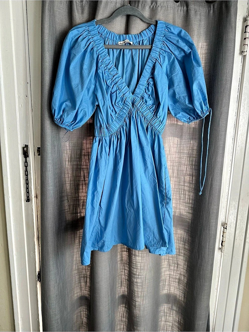 Abercrombie & Fitch Emerson Poplin Puff Sleeve Mini Dress Blue Ruched Mini Dress